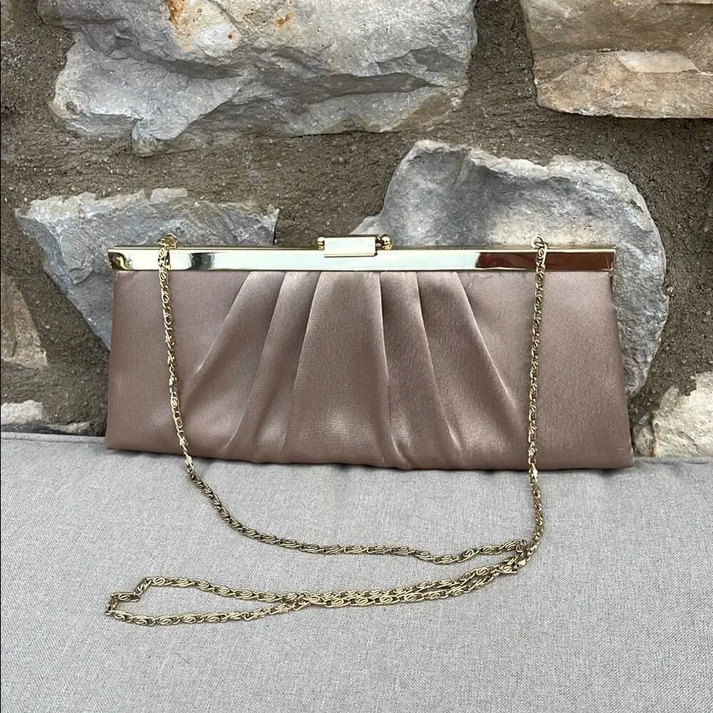 Jessica McClintock gold satin clutch purse with Gold Chain 10x4